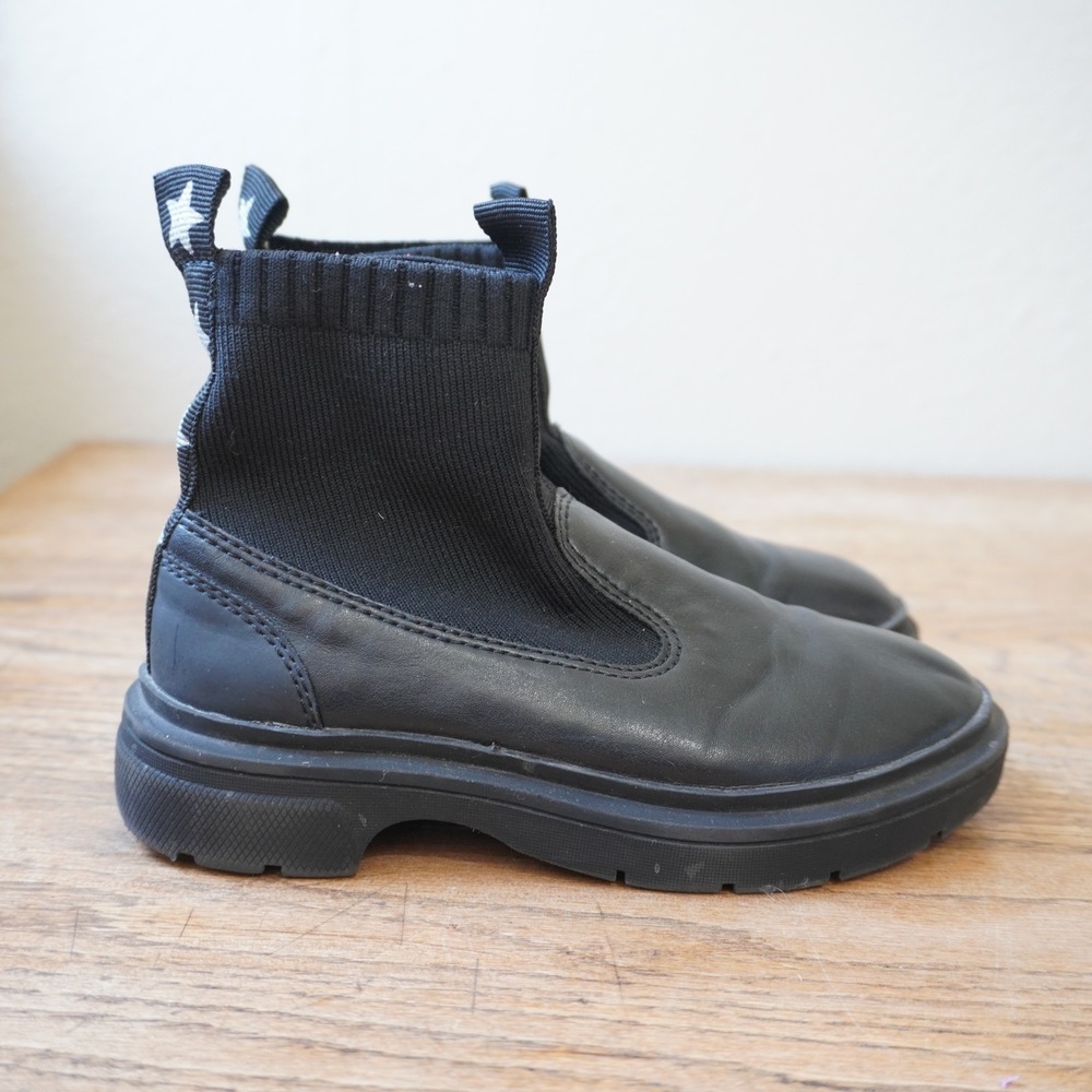 Zara Kids Size 29 Black Sock Chelsea Boots Star Heel Pull Tab Lug Sole Slip On